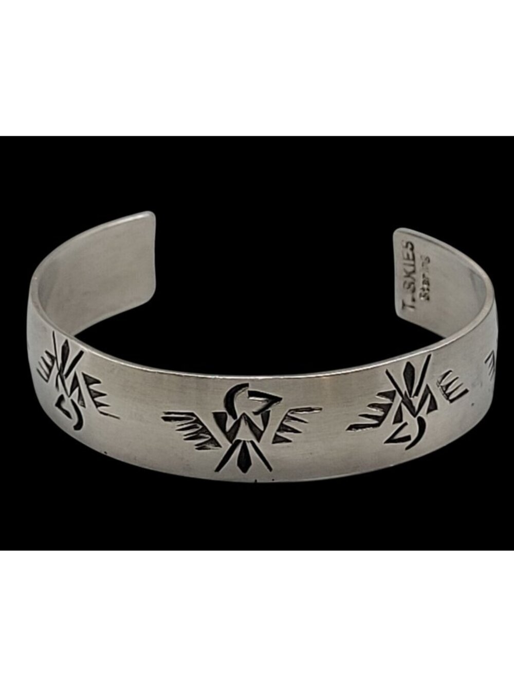 T Skies Sterling Silver Thunderbird Open Cuff Bracelet Native American SZ 6.5"